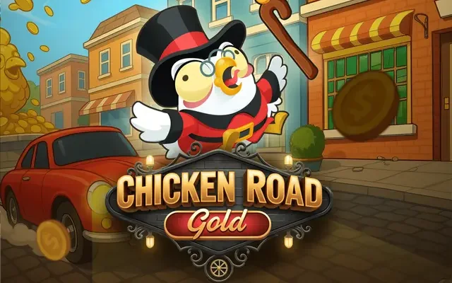 Banner Chicken Road Gold cu găina în joben lângă mașina retro