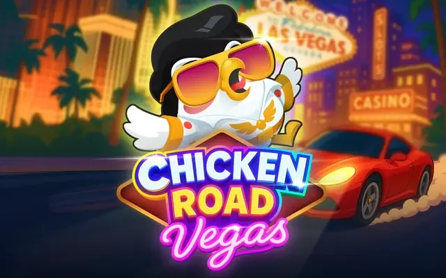 Banner Chicken Road Vegas cu găina în fața cazinourilor